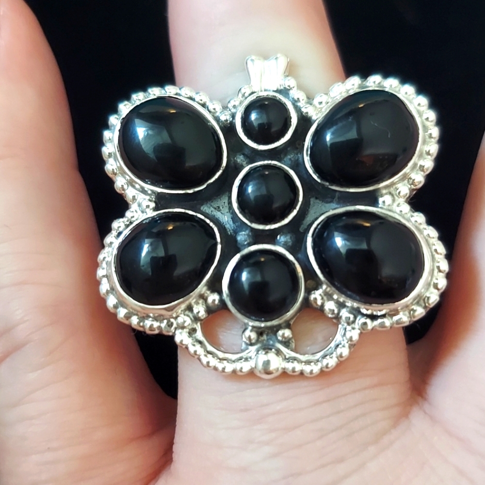 Sterling Silver Large Adjustable Butterfly Ring Black Onyx 5-10 - Picture 3 of 9